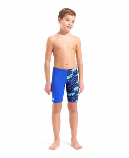 Arena boys' crowded swim jammer in neon blue and multi-color, featuring a snug fit and vibrant design for competitive swimming.
