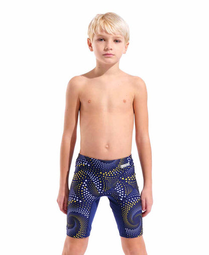 Arena boys Fireflow swim jammer in navy with yellow accents, designed for competitive swimming and training.