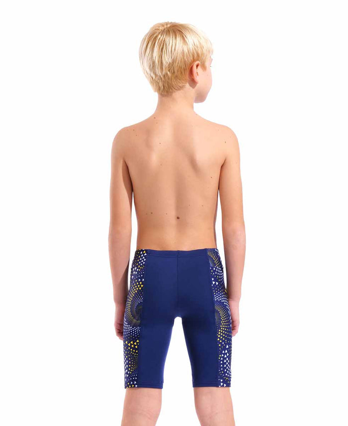 Arena boys Fireflow swim jammer in navy with yellow accents, featuring a sleek fit and breathable fabric for competitive swimming.