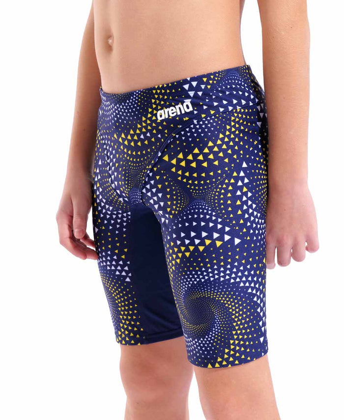 Arena boys Fireflow swim jammer in navy, with yellow accents, designed for competitive swimming and athletic performance.