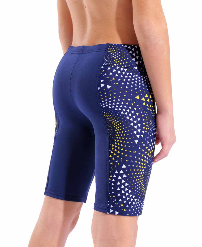 Arena boys Fireflow swim jammer in navy with yellow accents, designed for competitive swimming and active water sports.