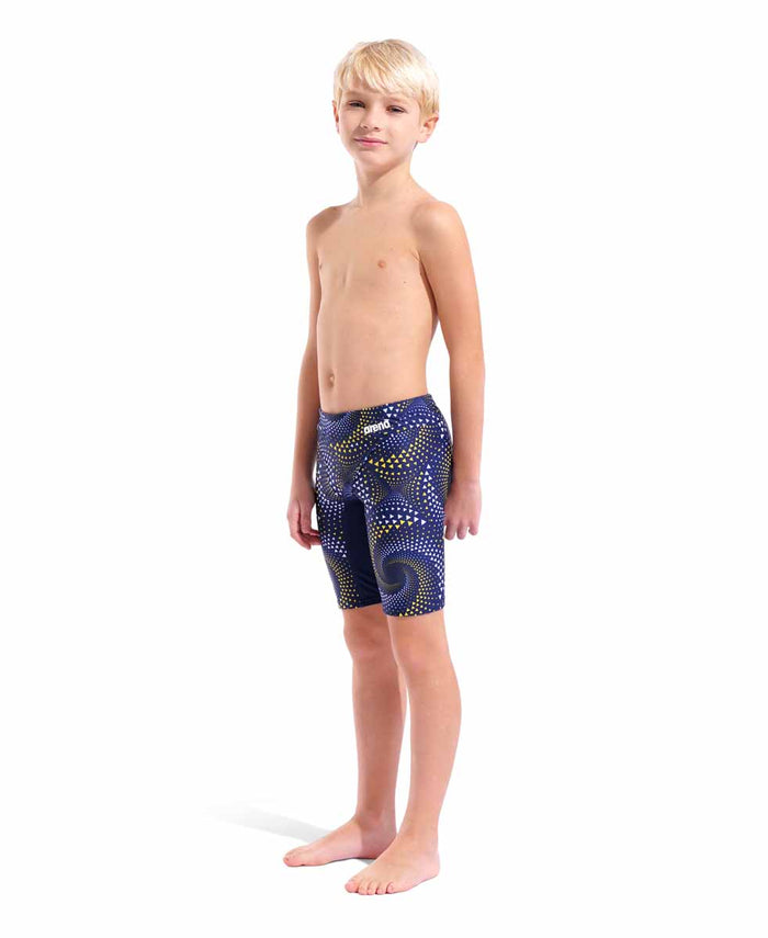 Arena boys Fireflow swim jammer in navy with yellow accents, featuring a sleek, fitted design for competitive swimming.