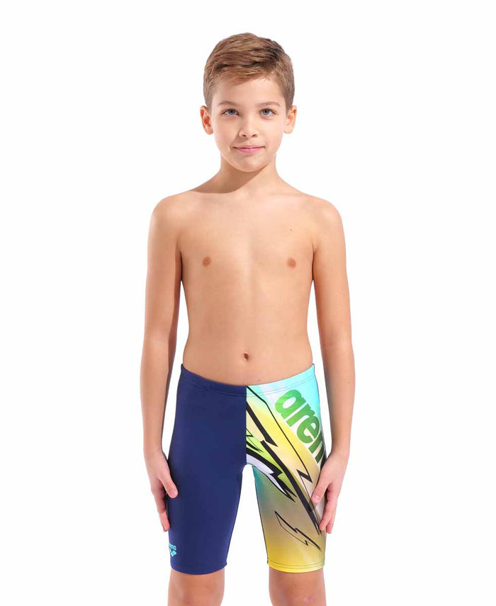 Arena boys swim jammer in navy and multi colors, featuring a snug fit and vibrant design for competitive swimming.