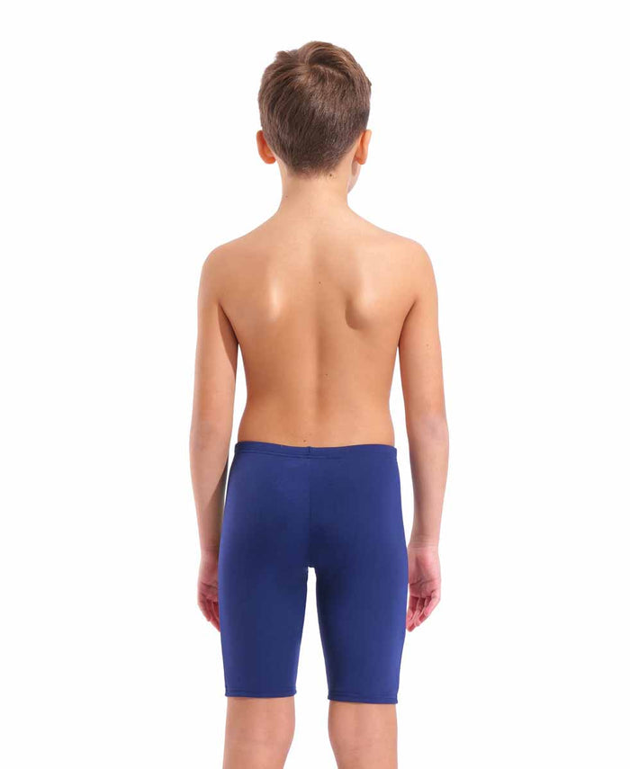 Arena boys' loud swim jammer in navy and multi-color, featuring bold patterns and a snug fit for competitive swimming.