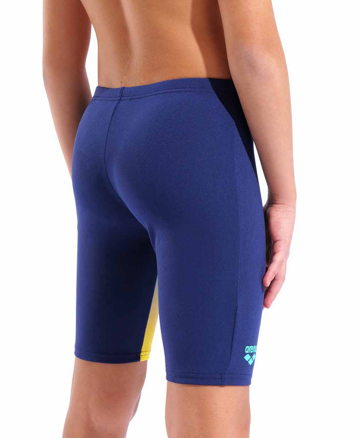 Arena boys' navy and multi-colored swim jammer, lightweight and snug-fitting, designed for competitive swimming.