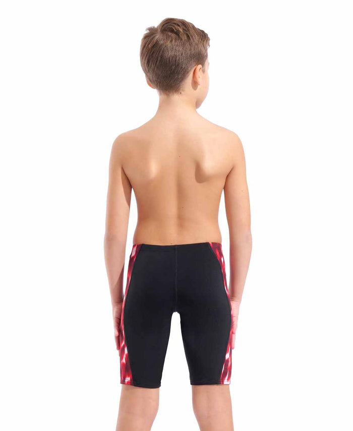 Black and red Arena boys' wave swim jammer with sleek design, made for competitive swimming and training.