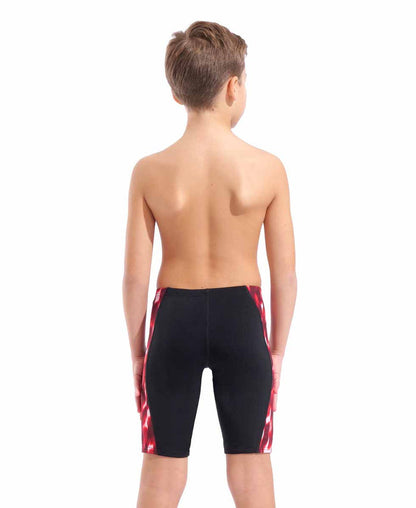 Black and red Arena boys' wave swim jammer with sleek design, made for competitive swimming and training.
