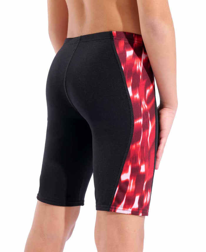 Black and red Arena boys' wave swim jammer with sleek design and adjustable waistband, ideal for competitive swimming.