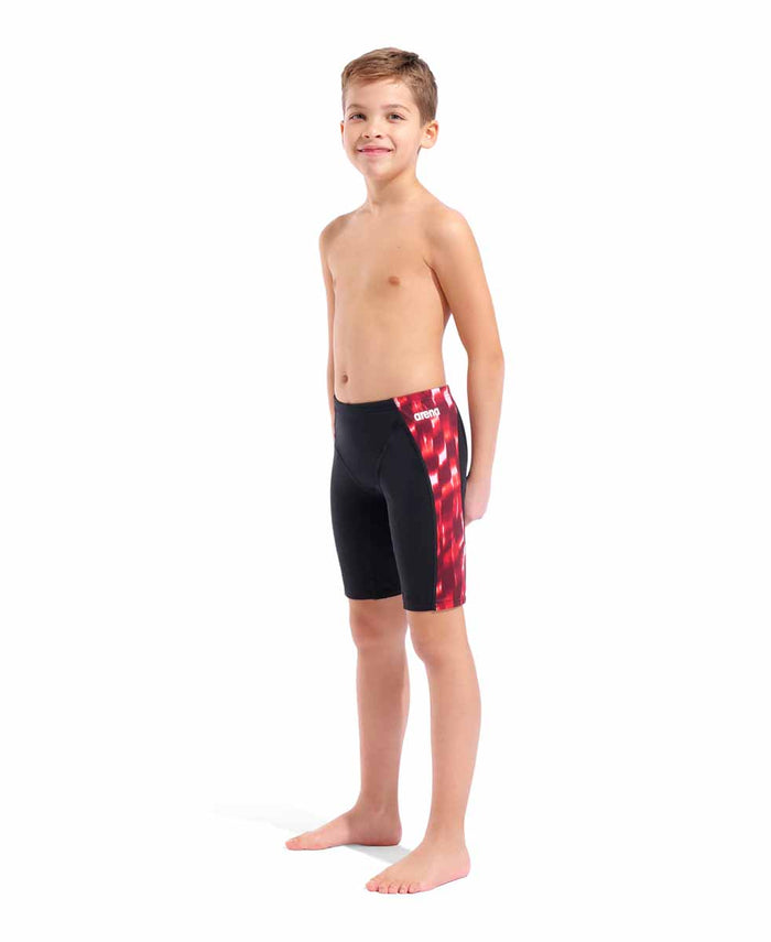 Arena boys' black and red Wave swim jammer with sleek design, made for competitive swimming and training.