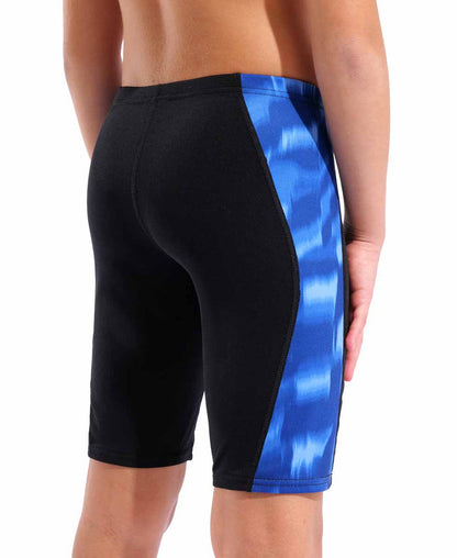 Black Arena boys' Wave swim jammer with blue accents, designed for competitive swimming and comfortable fit.