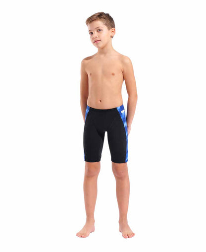 Black and team royal Arena boys' Wave swim jammer, close-up view showing the sleek fabric and athletic fit.