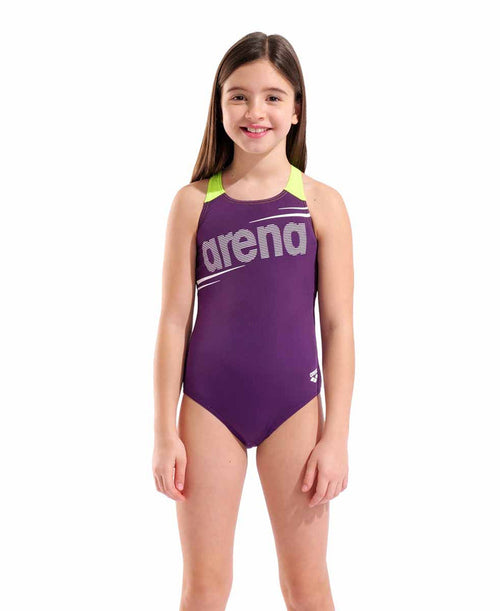 Arena girls' bold V-back swimsuit in plum and Arctic lime, featuring a sleek design and vibrant colors for swimming and beach fun.