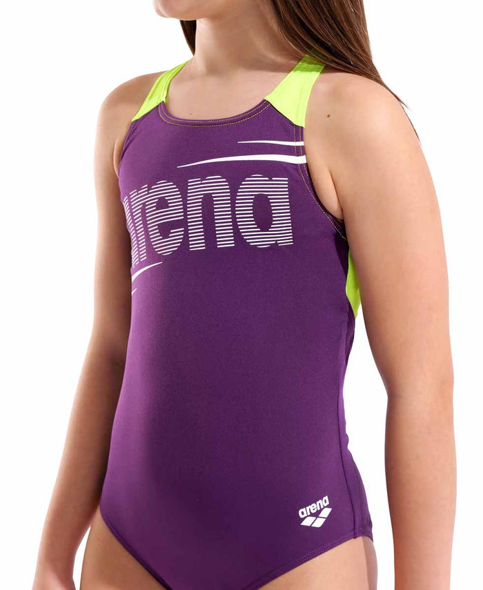 Arena girls' plum and Arctic lime V-back swimsuit with bold design, featuring a sleek, athletic style perfect for swimming.