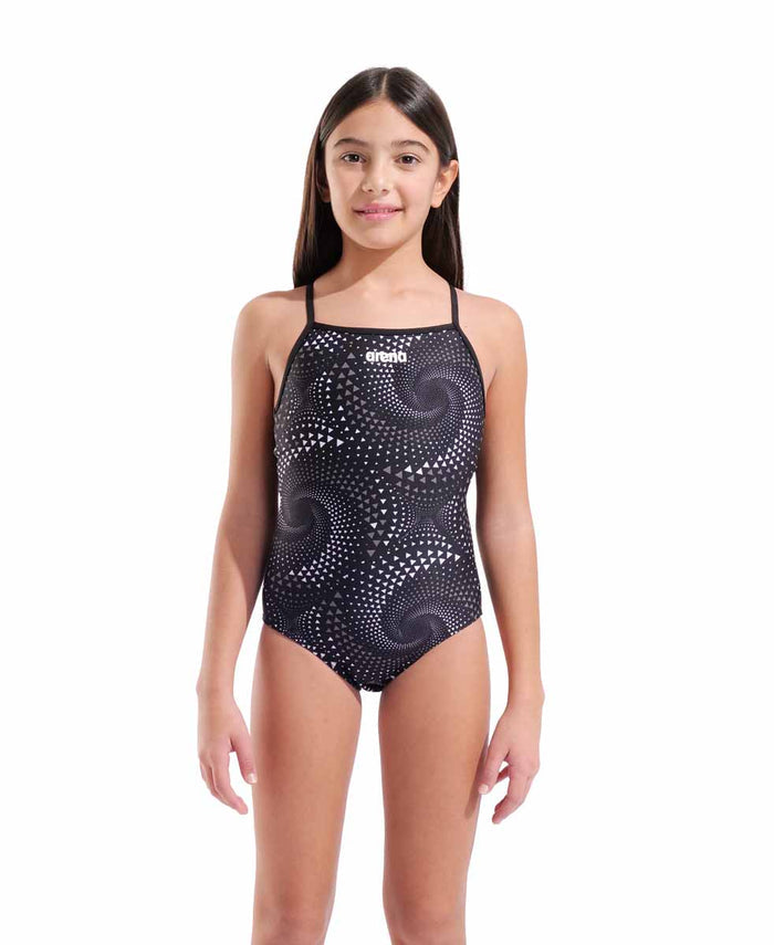 Arena Girls Fireflow Lightdrop Back Swimsuit in black with sleek design, featuring a stylish back cutout and sporty fit.