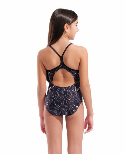 Arena girls Fireflow Lightdrop back swimsuit in black with a sleek design, featuring a stylish back cutout and swim fabric.