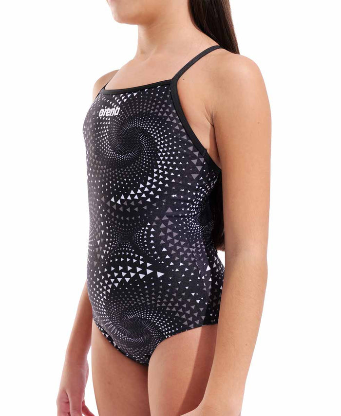 Arena girls Fireflow Lightdrop back swimsuit in black, featuring sleek design and supportive straps for swimming comfort.