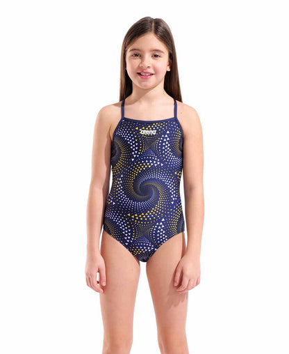 Arena girls Fireflow Lightdrop back swimsuit in navy, yellow and team navy, featuring a stylish design and comfortable fit.