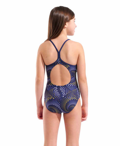 Arena girls Fireflow Lightdrop back swimsuit in navy, with yellow accents, featuring a sporty design and lightweight fabric.