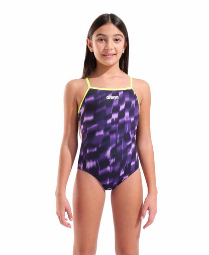 Arena girls Wave Lightdrop back swimsuit in Arctic Lime and Team Purple, featuring a vibrant, sporty design with a back opening.