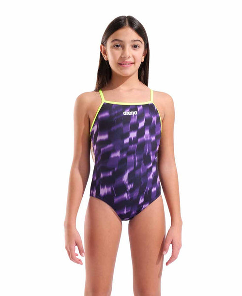 Arena girls Wave Lightdrop back swimsuit in Arctic Lime and Team Purple, featuring a vibrant, sporty design with a back opening.