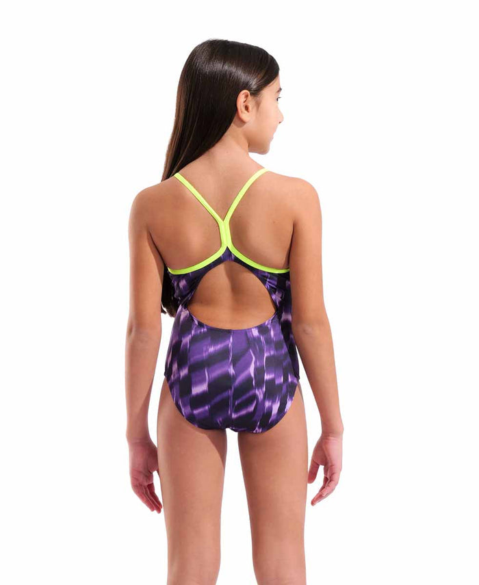 Arena girls' Wave Lightdrop back swimsuit in Arctic Lime and Team Purple, featuring a sleek design and competitive swim style.