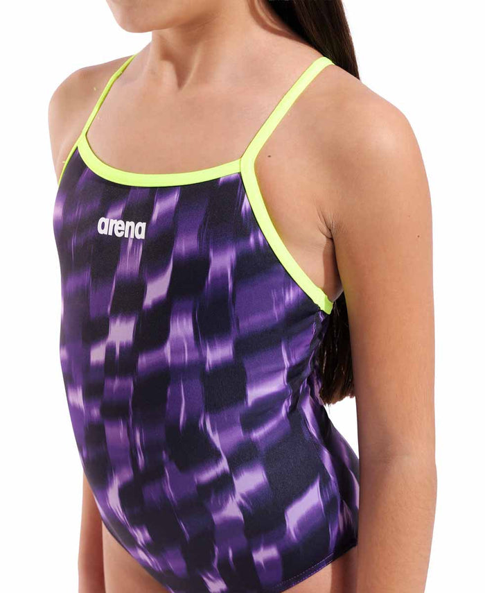Arena girls' Wave Lightdrop back swimsuit in Arctic Lime and Team Purple, featuring a vibrant, sporty design for swimming.