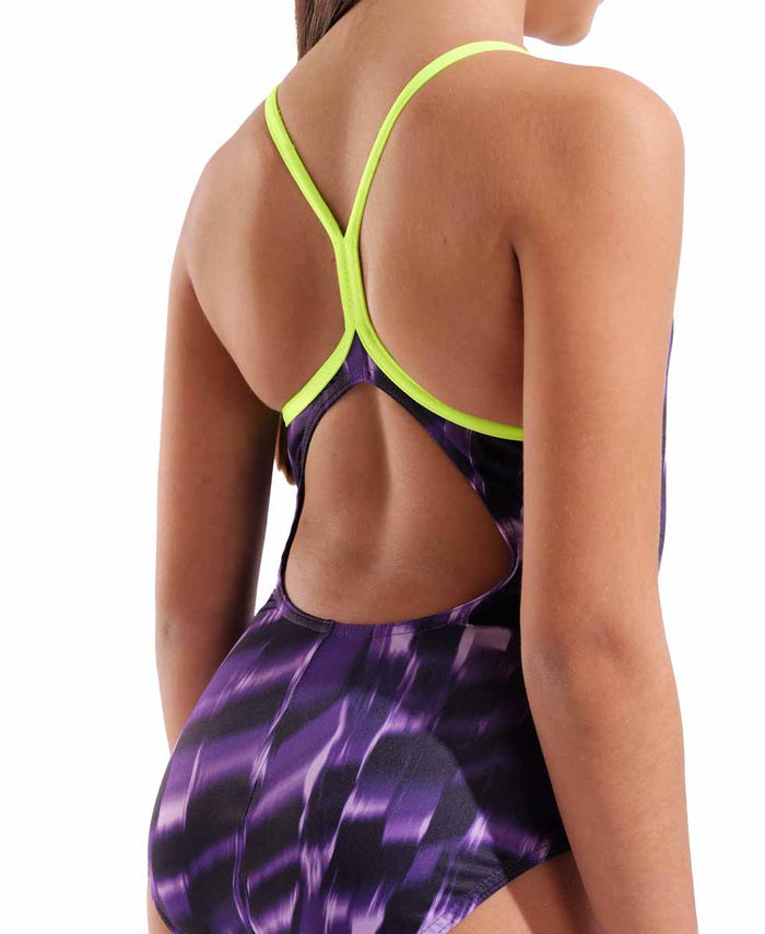 Arena girls Wave Lightdrop back swimsuit in Arctic Lime and Team Purple, with a colorful, stylish design and supportive fit.