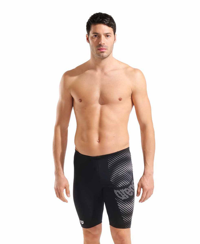 Black and white Arena men's distortion swim jammer, fitted with a sleek, streamlined design for competitive swimming.