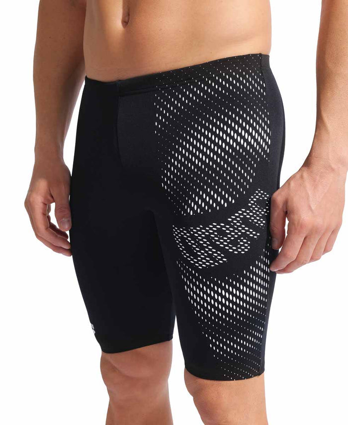 Arena men's black and white distortion swim jammer, form-fitting swimwear with sleek design and elastic waistband for competitive swimming.