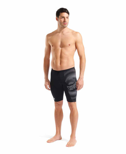Black and white Arena men's distortion swim jammer, fitted and sleek, designed for competitive swimming performance.