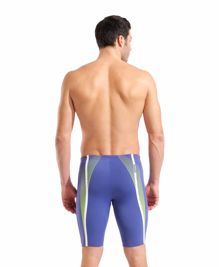 Arena men's Dynamic Swim Jammer in Future Dusk and Arctic Lime, displaying the sleek, fitted swimwear design with brand logo.