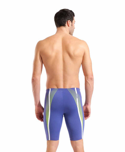 Arena men's Dynamic Swim Jammer in Future Dusk and Arctic Lime, displaying the sleek, fitted swimwear design with brand logo.