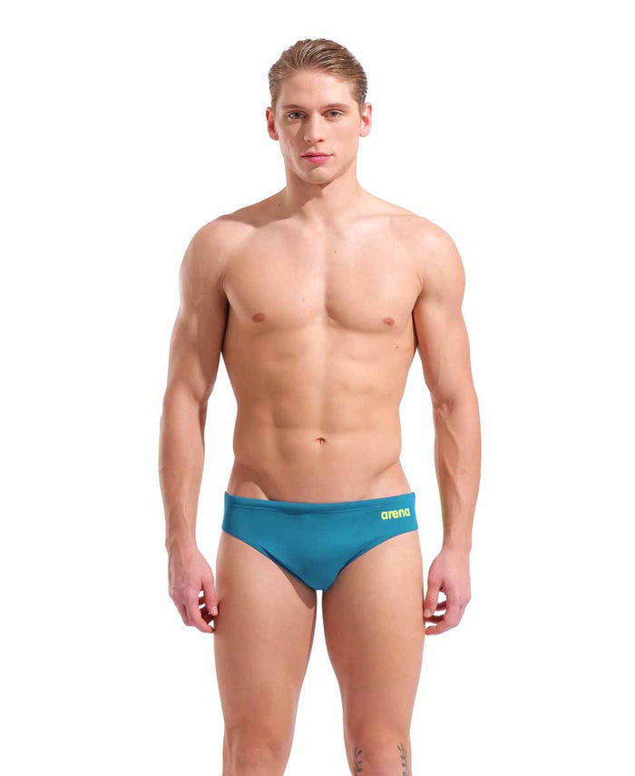 Arena men's team swim briefs in Blue Cosmo and Arctic Lime, featuring a snug fit and quick-drying fabric for competitive swimming.