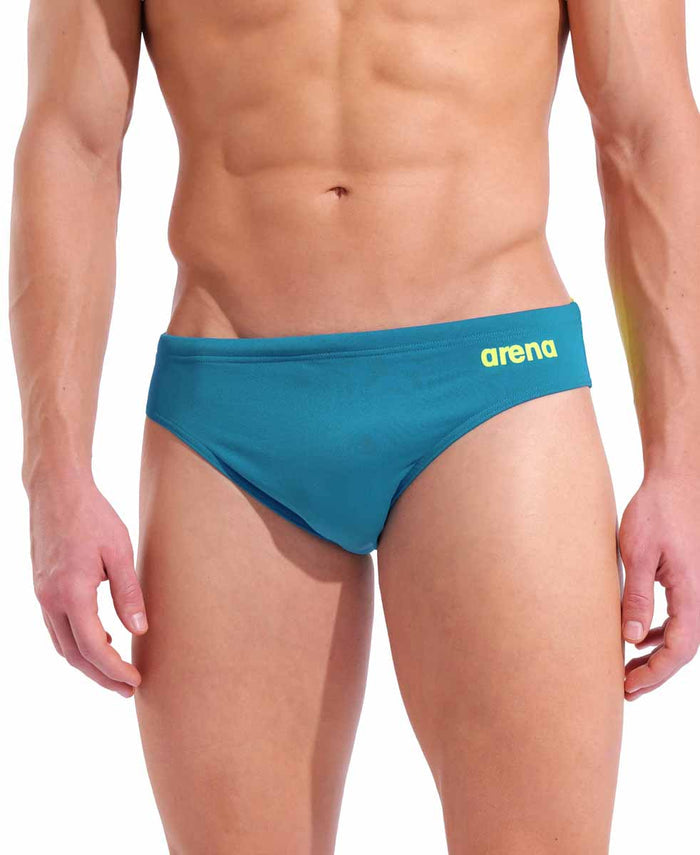 Blue Cosmo and Arctic Lime Arena men's swim briefs with a solid design, featuring a snug fit for competitive or recreational swimming.