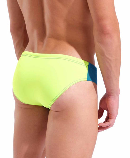 Blue Cosmo and Arctic Lime Arena men's swim briefs with a solid design, featuring a snug fit for competitive and recreational swimming.