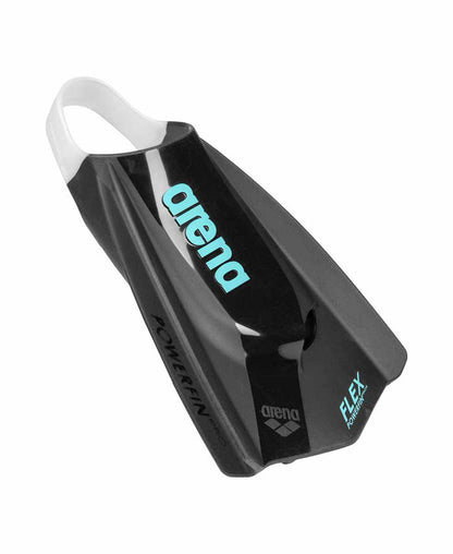 Black Arena Powerfin Pro Flex fins with flexible blade and adjustable foot pocket for efficient swimming performance.