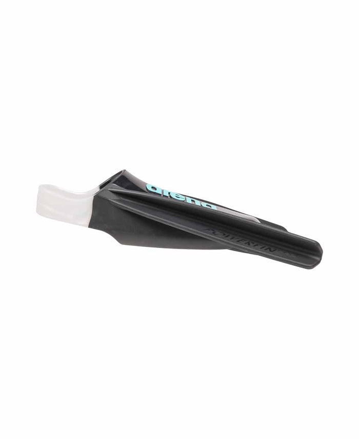 Black Arena Powerfin Pro Flex swim fins with adjustable foot pocket and flexible blade for enhanced aquatic performance.