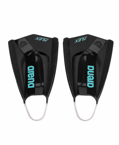 Black Arena Powerfin Pro Flex fins for swimming, shown with flexible blade design and adjustable foot pocket.