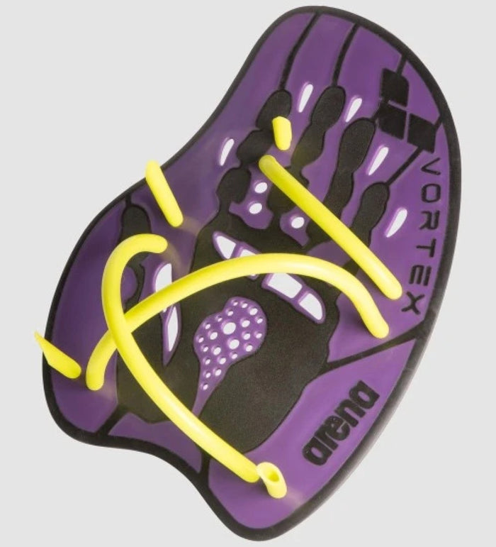 Arena Vortex Evolution hand paddle in plum and lime colors, featuring ergonomic design for swimming training and water exercise.