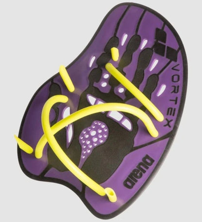 Arena Vortex Evolution hand paddle in plum and lime colors, featuring ergonomic design for swimming training and water exercise.