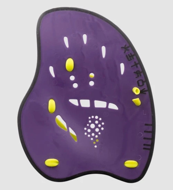 Arena Vortex Evolution hand paddle in plum and lime, showing the textured surface and ergonomic grip for swimming training.