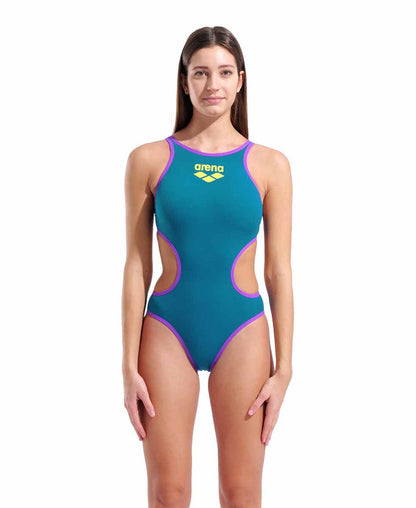 Arena women's one-piece swimsuit in blue Cosmo and purple with large logo, perfect for swimming and beachwear.