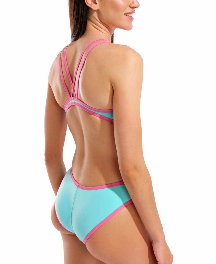 Arena women's double cross back one-piece swimsuit in vibrant water and shocking pink, with sleek design and supportive fit.
