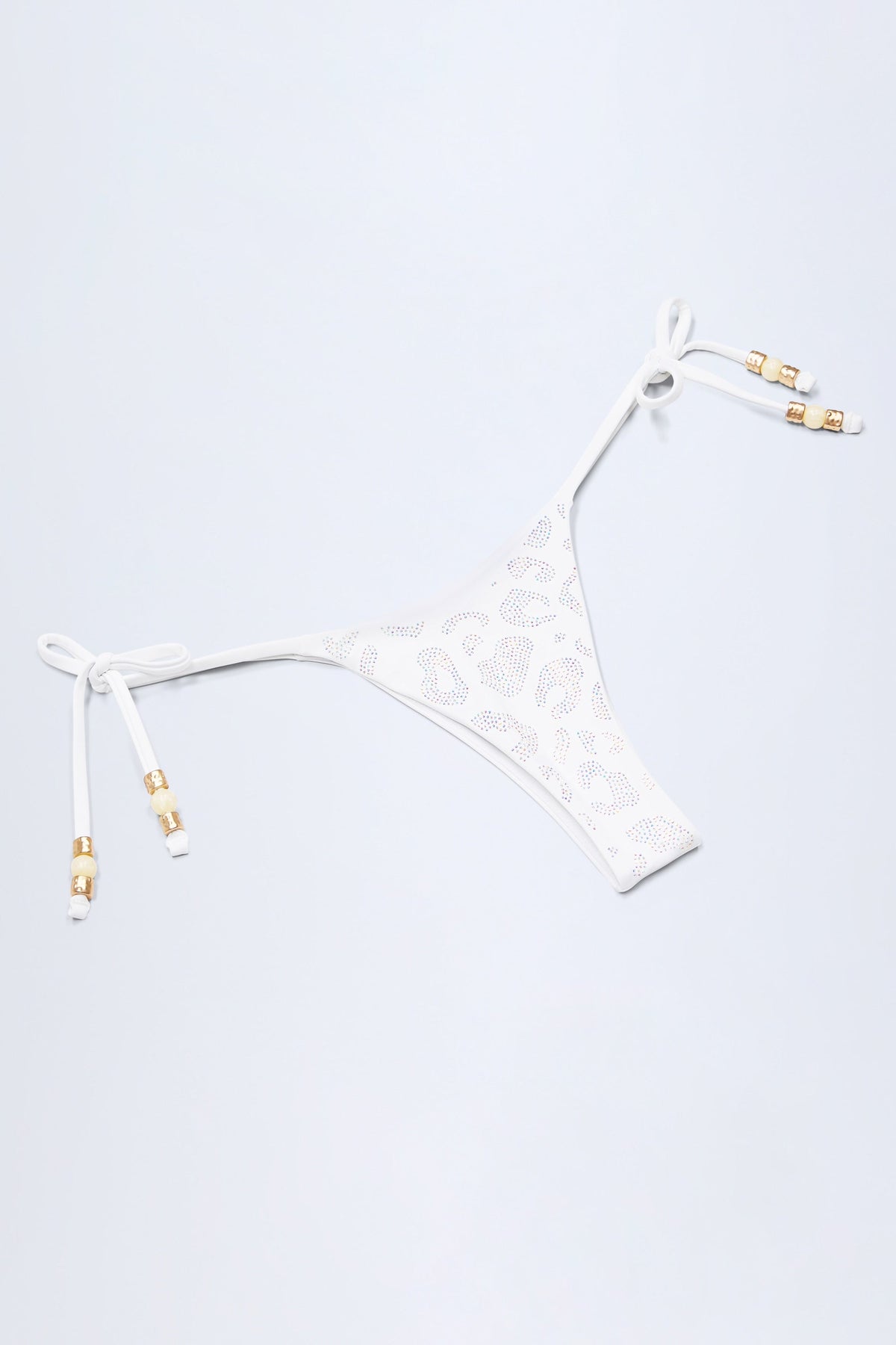 Side-Tie Bead Thong Bikini Bottoms in White Leopard Hotfix