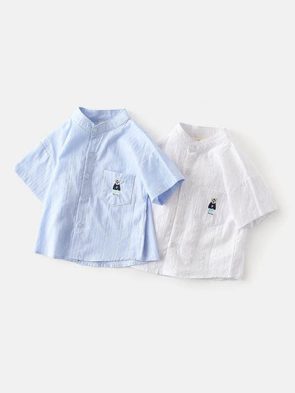 Toddler boy’s white and blue solid cotton shirt with turtle collar – soft breathable casual top