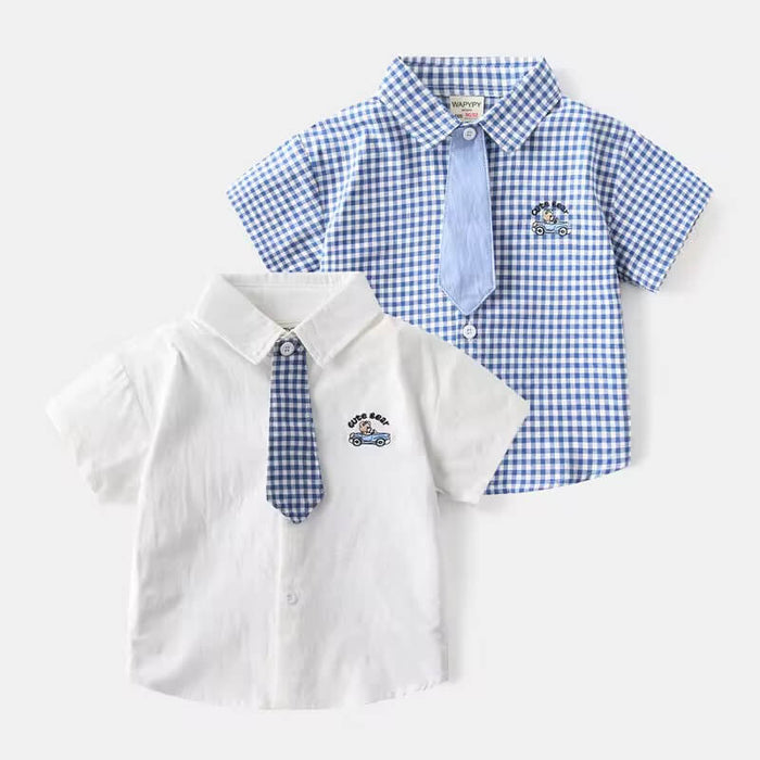 Baby boy’s checked cotton shirt with matching tie – soft breathable casual top, front view
