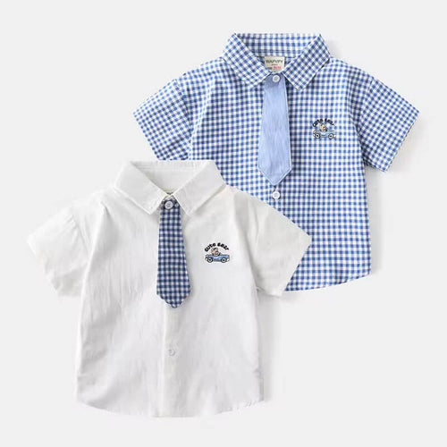 Baby boy’s checked cotton shirt with matching tie – soft breathable casual top, front view