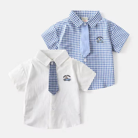 Baby boy’s checked cotton shirt with matching tie – soft breathable casual top, front view