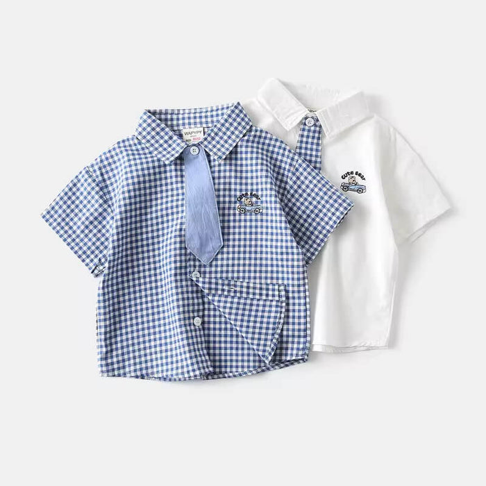 Baby boy’s checked cotton shirt with matching tie – breathable lightweight fabric, side angle