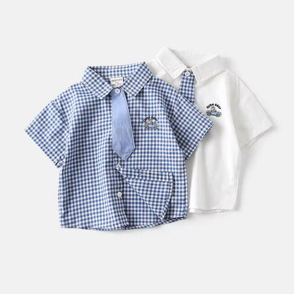 Baby boy’s checked cotton shirt with matching tie – breathable lightweight fabric, side angle